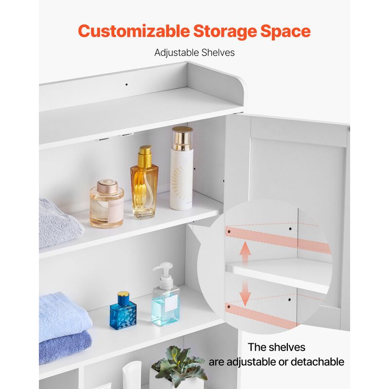 Bathroom Over Toilet Storage Organizer with Cabinet, Open Shelf and Adjustable Shelf-White image number 8