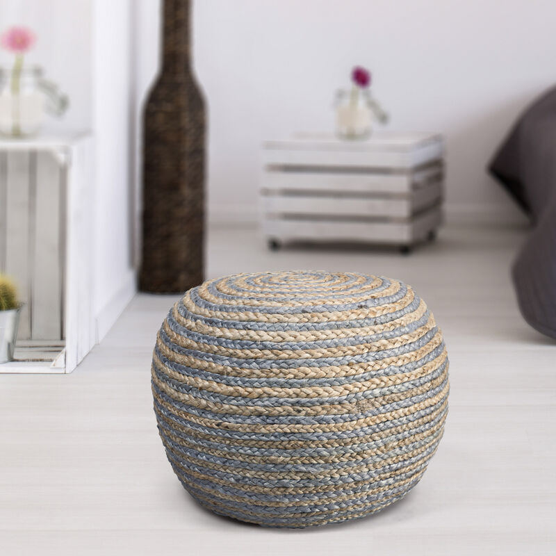 Round Striped Cotton Blend Pouf &ndash; Ottoman Accent Seat for Bedroom or Study