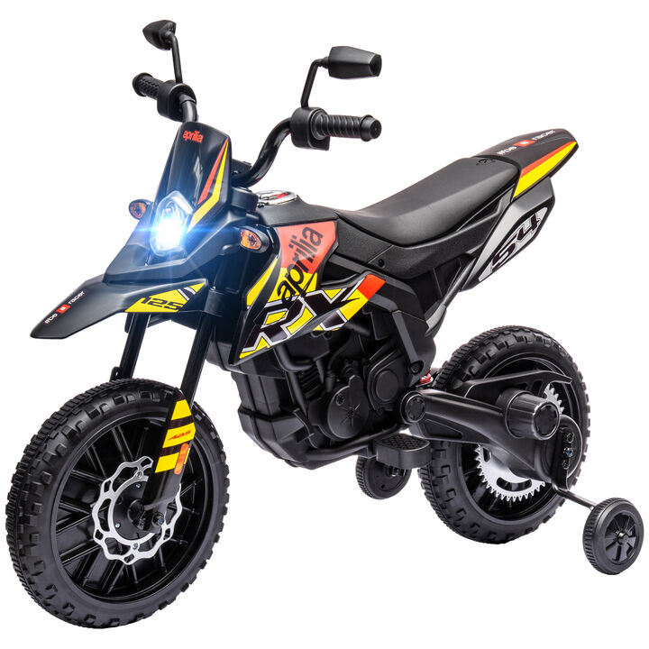 BreeBe 12V Aprilia Licenced Kids Motorcycle with Training Wheels, Spring Suspension, LED Light, USB, Music