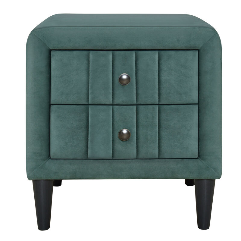 Upholstered Wooden Nightstand with 2 Drawers,Fully Assembled Except Legs and Handles,Velvet Bedside Table-Green image number 1