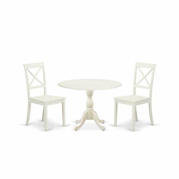 East West Furniture DMBO3-LWH-W 3 Piece Dinning Room Table Set Consists of 1 Drop Leaves Dining Room Table and 2 Linen White Wood Chair with X-Back - Linen White Finish