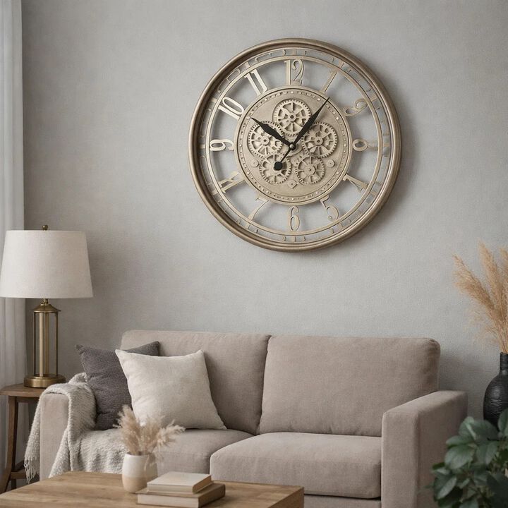 27 Inch Round Wall Clock, Moving Gears, Standard Numbers, Champagne Gold