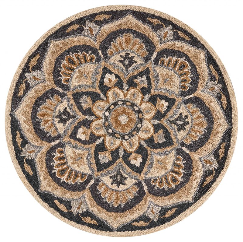 4 Round Black Flower Blossom Area Rug