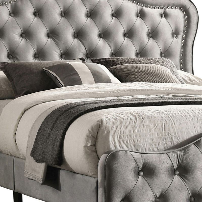 Pue California King Size Bed, Vintage Gray Button Tufted Chesterfield Style