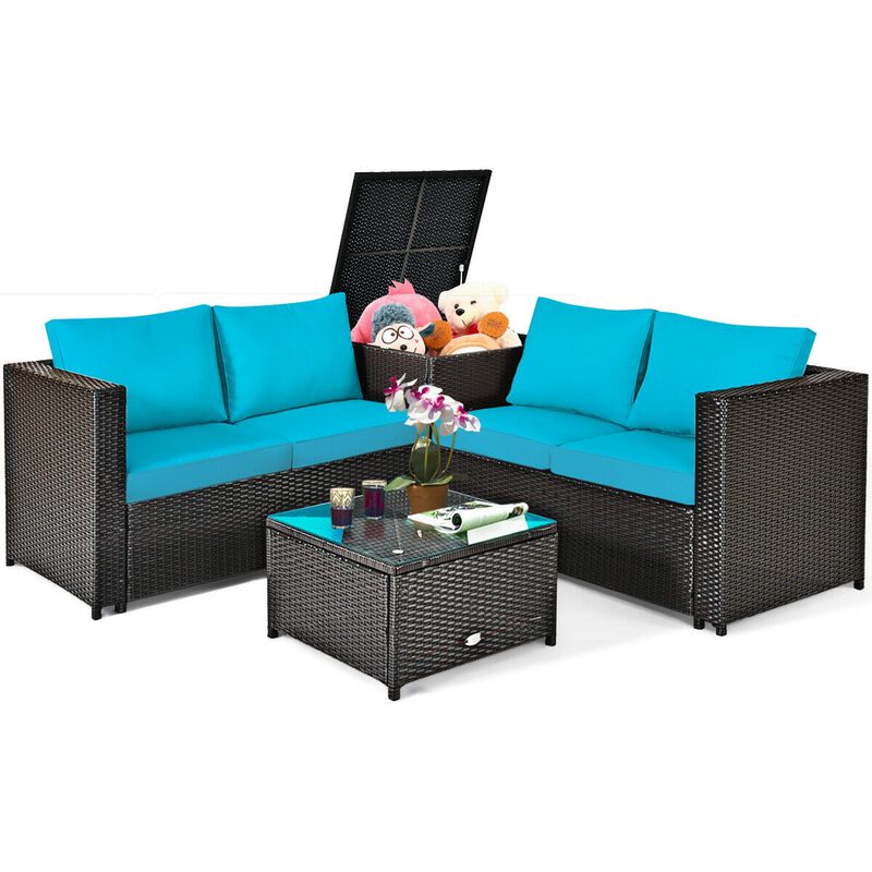 4 Pieces Outdoor Patio Rattan Furniture Set with Cushioned Loveseat and Storage Box image number 3