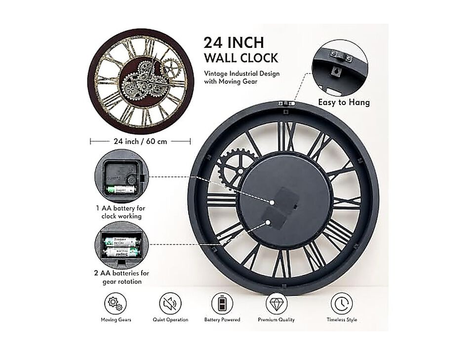 Style Large Wall Clock 24 Inch Cherry Red Bronze Real Moving Gears Rustic Retro