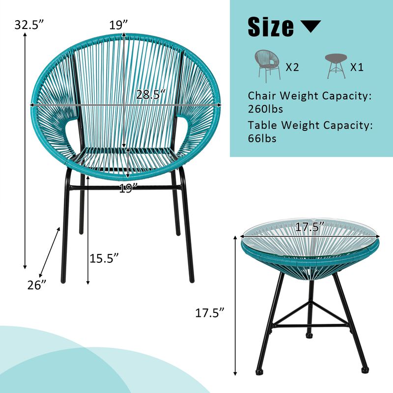 3 Pieces Patio Acapulco Furniture Bistro Set with Glass Table image number 6