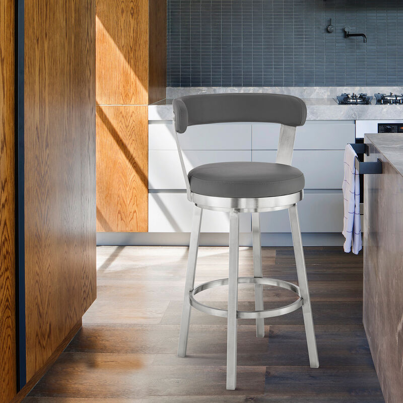 Kobe  Counter Height Swivel Bar Stool in Brushed Stainless Steel Finish and Gray Faux Leather image number 1