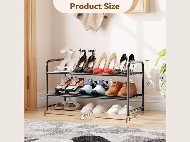 Entryway Metal Shoe Organizer 2 Tier Closet Storage Black Rack image number 2