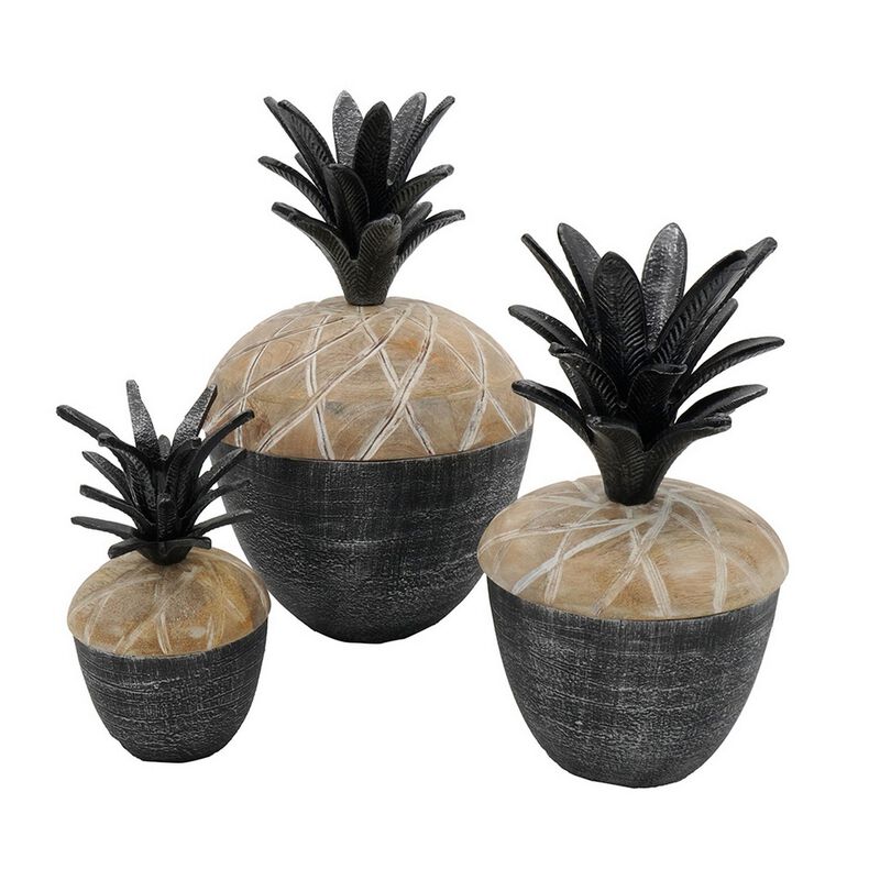 14, 12, 11 Inch Lidded Jar, Pineapple Design, Gray Mango Wood, Set of 3 - Benzara