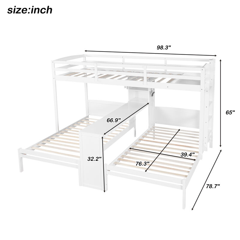 Merax Twin over Twin&Twin Bunk Bed with Built-in Desk and Storage Shelves image number 4