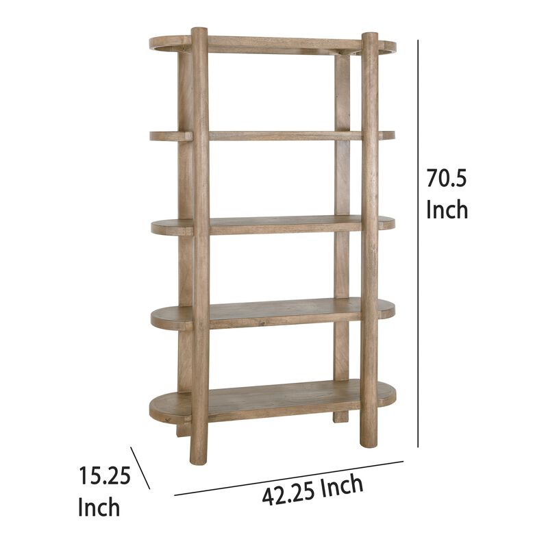 Eray Bookcase, 4 Tier Oval Shelves, Teak, Mango Wood, 71 Inch