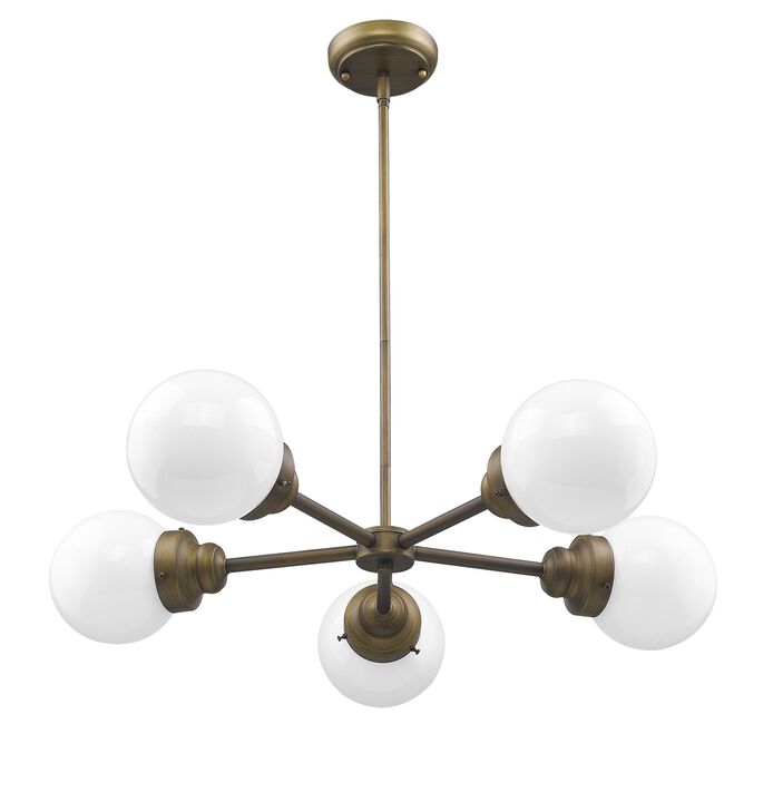 HomeRoots Bronze Five Light Metal Dimmable Chandelier With White Shades