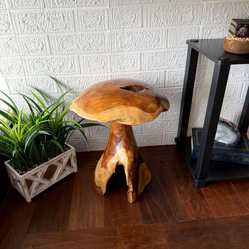 Teak Wood Mushroom Statue Hand Carved Natural Sculpture 165 In Decor image number 7