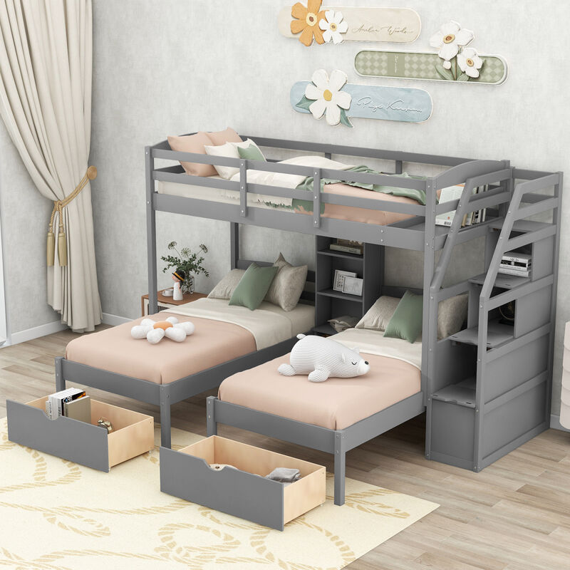 Twin over Twin Twin Bunk Bed, Triple Bunk Bed with Drawers, Staircase with Storage, Built-in Shelves, Gray