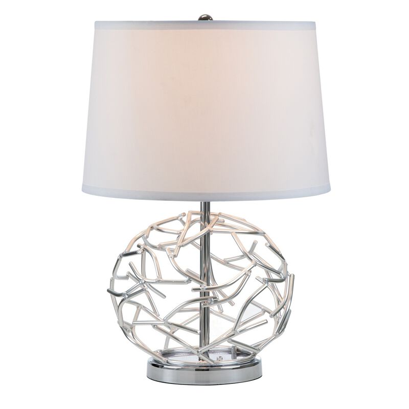 24 Inch Table Lamp, Silver Hollow Geometric Globe Base, Empire Shade - Benzara