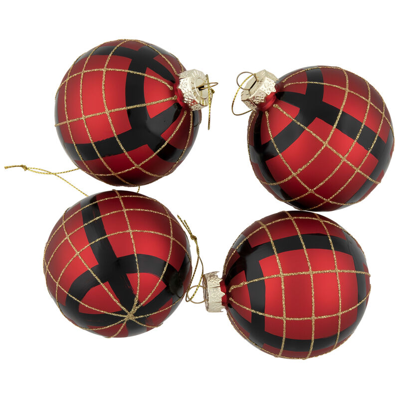 4ct Red  Black and Gold Plaid Glass Ball Christmas Ornaments 3.25" image number 8
