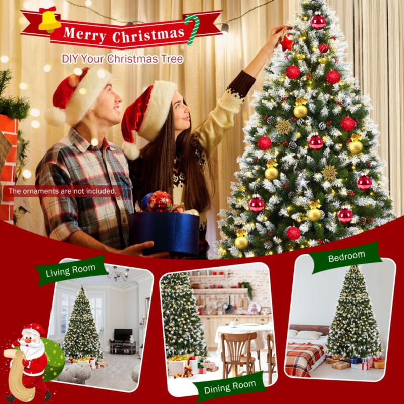 Hivvago Pre-lit Snow Flocked Christmas Tree with Red Berries and 8 Lighting Modes