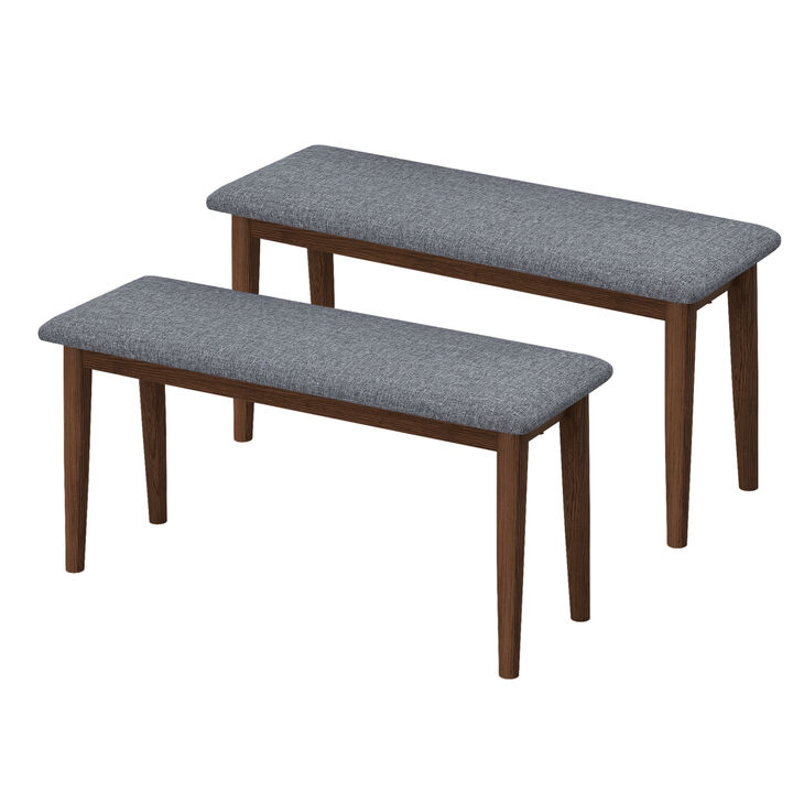 2 PCS Upholstered Benches Retro Upholstered Bench Solid Rubber Wood for Kitchen Dining Room Grey and Walnut Color