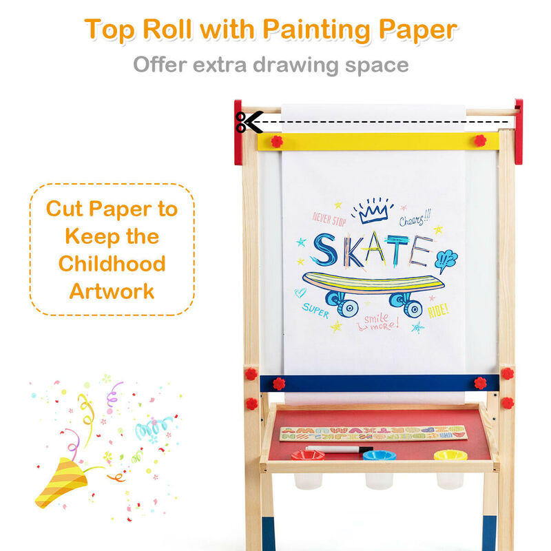 All-in-One Wooden Kid's Art Easel with Magnetic Stickers and Paper &ndash; Adjustable Height