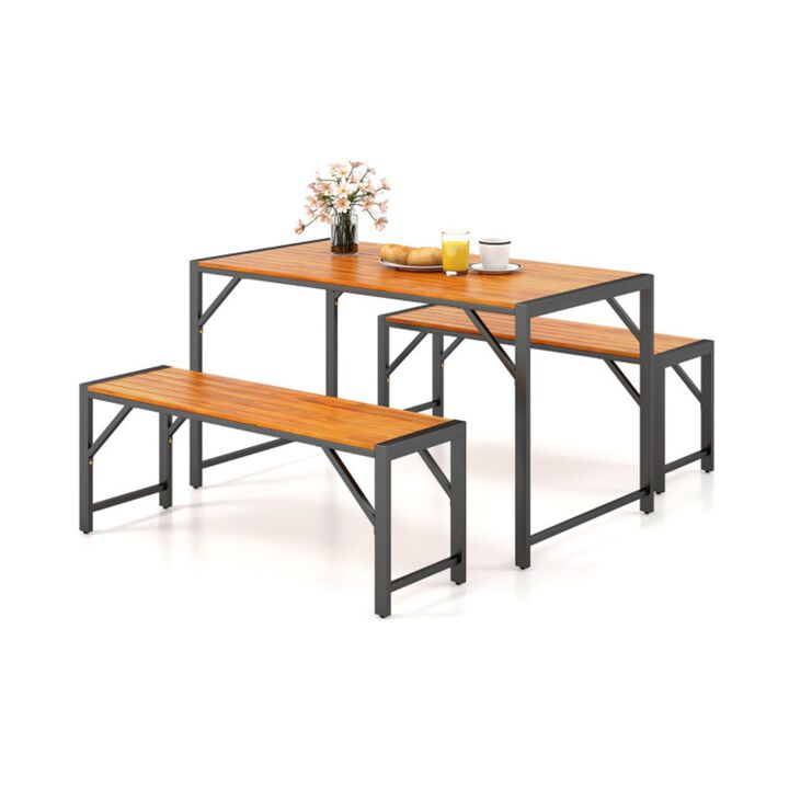 Mondawe 3-Piece Outdoor Dining Set, 1 Acacia Table & 2 Benches for 4-6,With Adjustable Foot Pad