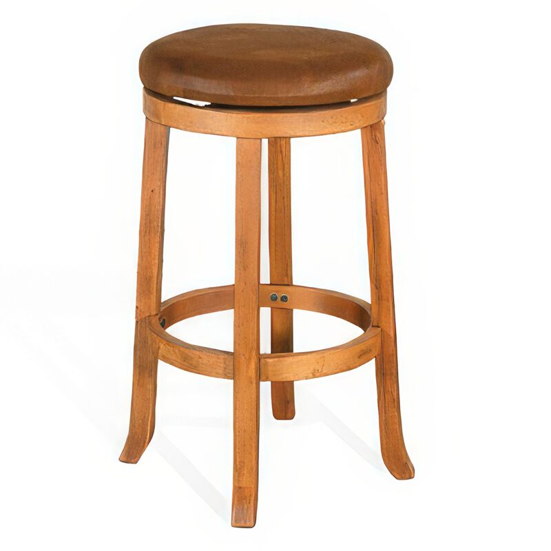 Marv Swivel Barstool Set of 2, Brown Faux Leather, Mahogany Wood - Benzara