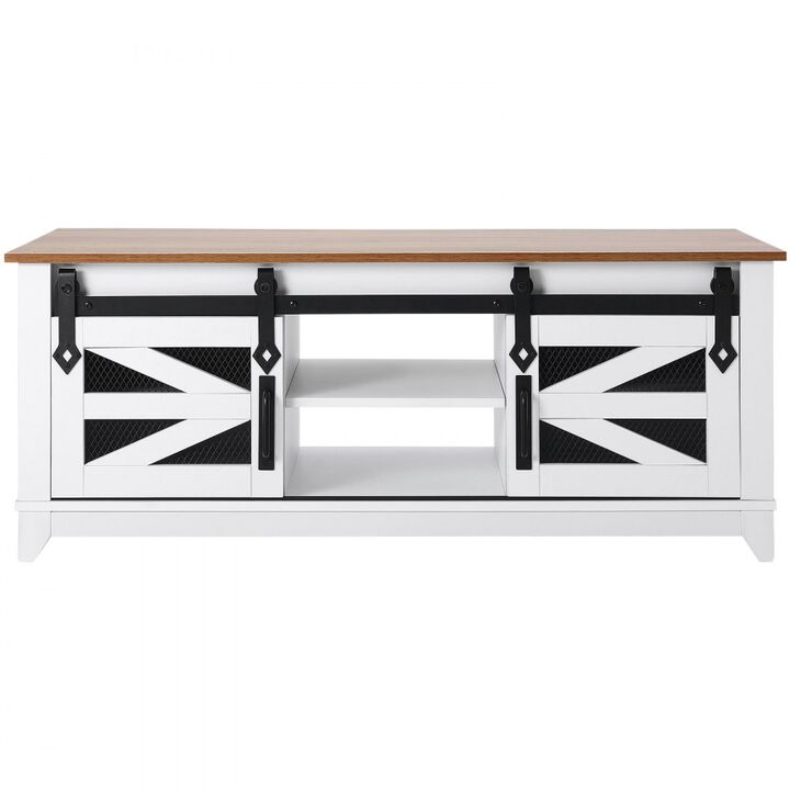 Rectangle Coffee Table with 2 Sliding Barn Doors with Removable Shelves for Living Room