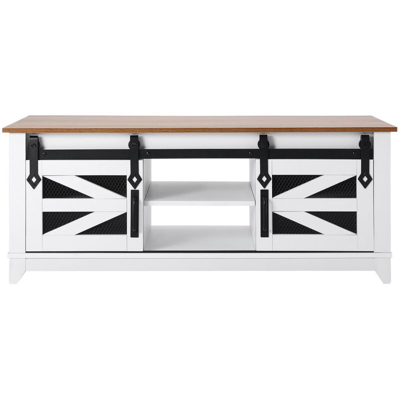 Rectangle Coffee Table with 2 Sliding Barn Doors with Removable Shelves for Living Room