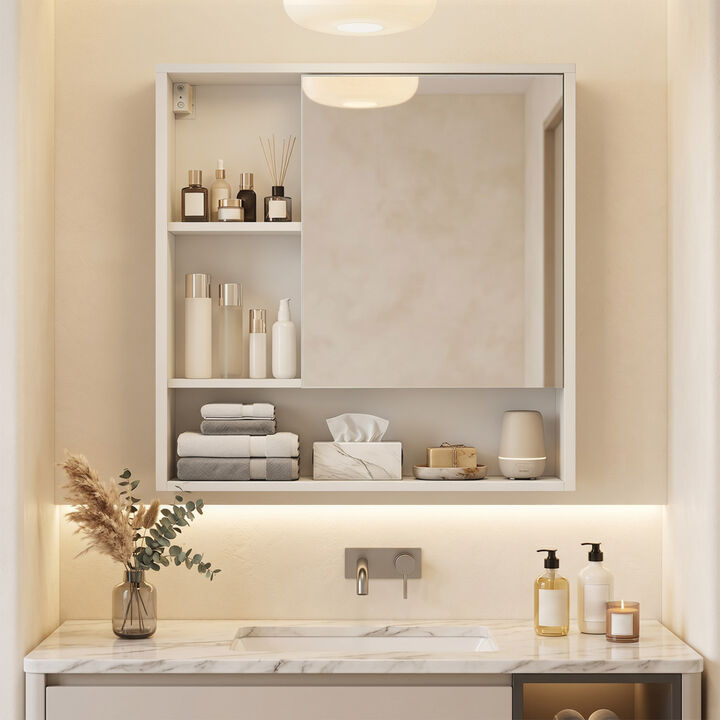 Bathroom Wall Mirror Cabinet with 2 Hidden Shelves and 3 Open Cubbies