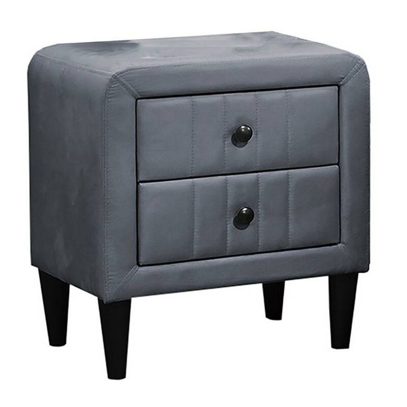 Rheo Nightstand, 2 Drawers, 22 Inch Upholstered in Dark Gray Velvet - Benzara