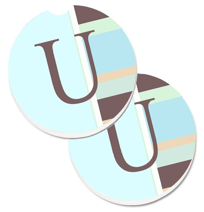 Caroline's Treasures Letter U Initial Monogram - Blue Stripes Set of 2 Cup Holder Car Coasters CJ1003-UCARC, 2.56, Multicolor