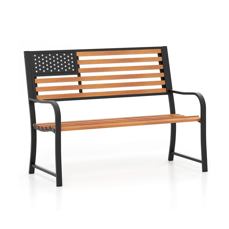 Outdoor Patio Bench with Rustic Flag Back Design and Faux Wood Texture