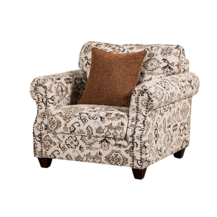Bonie Accent Club Chair, 1 Brown Throw Pillow, Taupe Polyester Pattern - Benzara