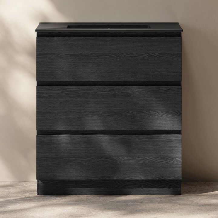 30" Freestanding Bathroom Vanity in Black Oak, Black 3-Hole Widespread Sink Top