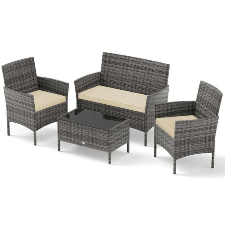 Hivvago 4 Pieces Patio Rattan Conversation Set with Tempered Glass Coffee Table-Red