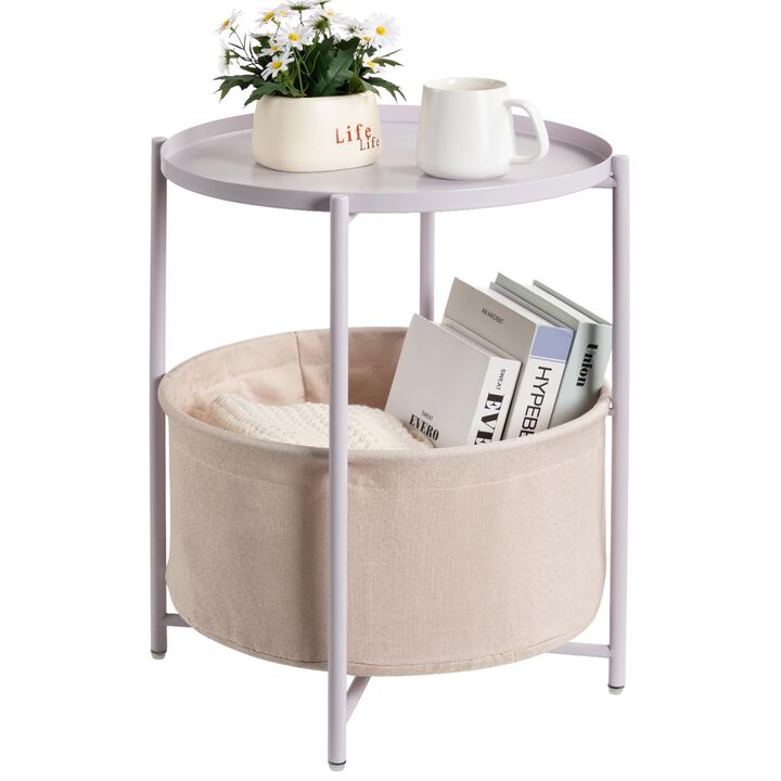 danpinera Round Side Table with Fabric Storage Basket, Metal Side Table Small Bedside Nightstand with Removable Tray Top for Liv