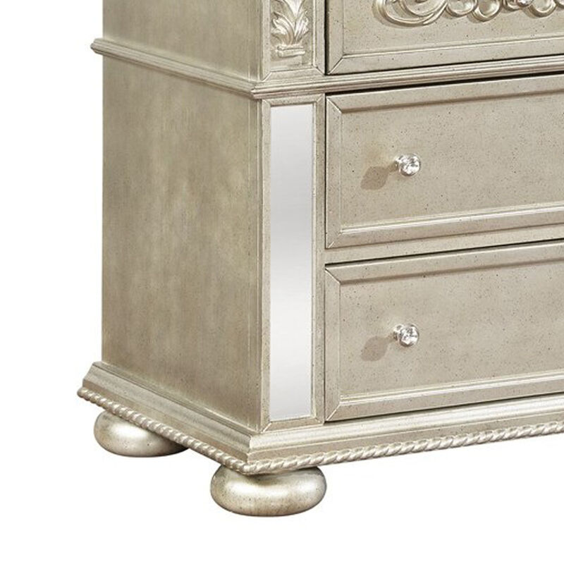 3 Drawers Nightstand with Ornate Carving and USB Ports, Silver-Benzara