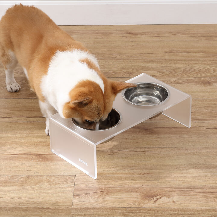 Keaton Modern Acrylic Rectangular Elevated Pet Feeder with Stainless Steel Bowls