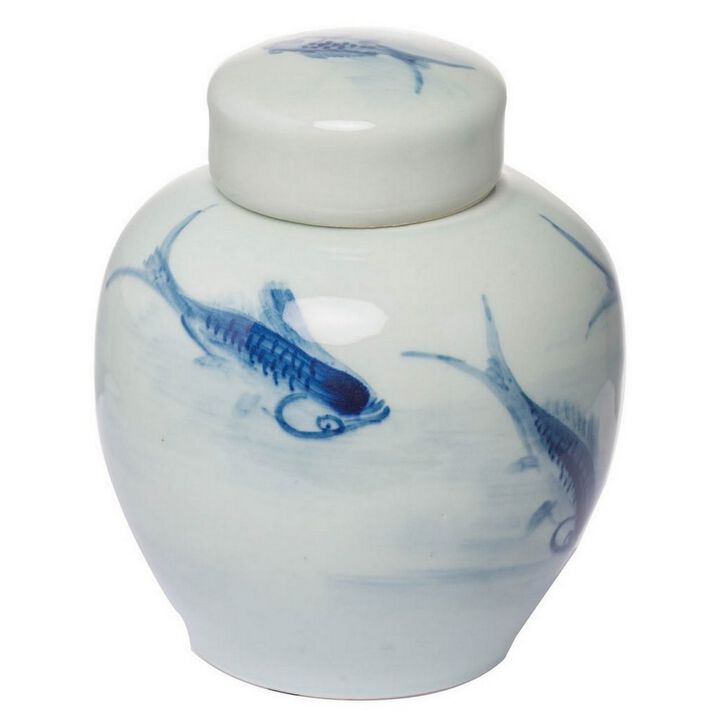 8 Inch Lidded Ginger Jar, Painted Koi Fish, White Blue Porcelain, Set of 2-Benzara