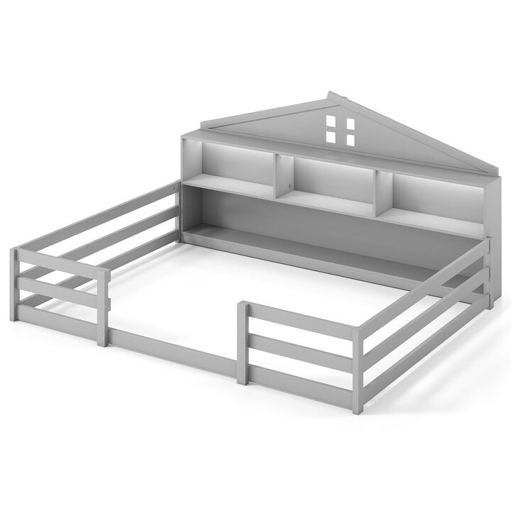 Full Montessori Floor Bed Frame with Built-In Storage and Shelf