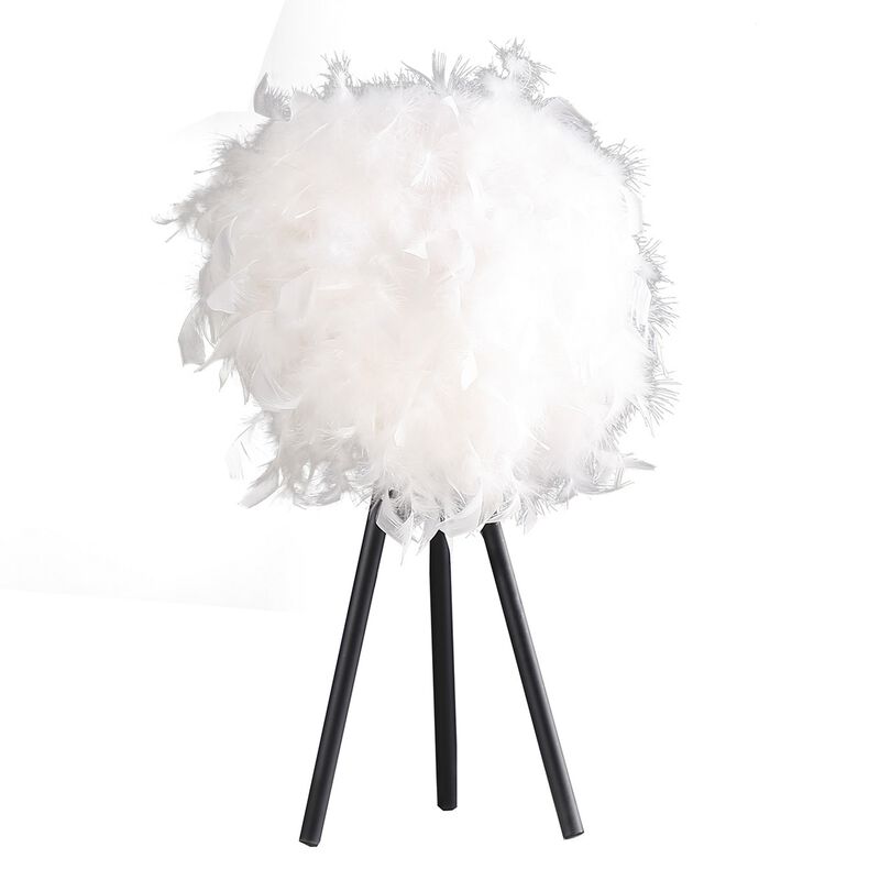 Rio 21 Inch Accent Table Lamp, White Feather Shade, Black Metal Tripod Base - Benzara