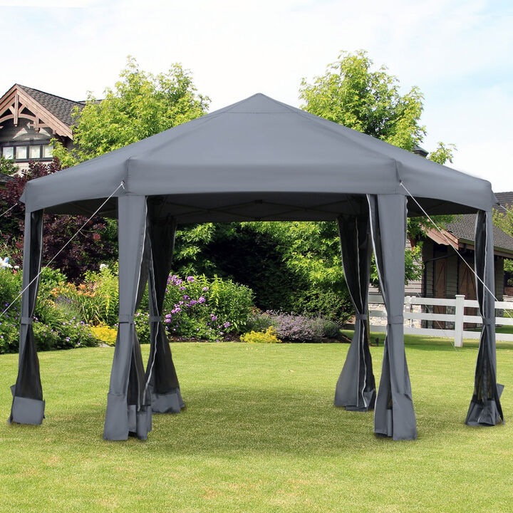 13' x 13' Heavy Duty Pop Up Canopy with Hexagonal Shape, 6 Mesh Sidewall Netting, 3-Level Adjustable Height and Strong Steel Frame, Grey