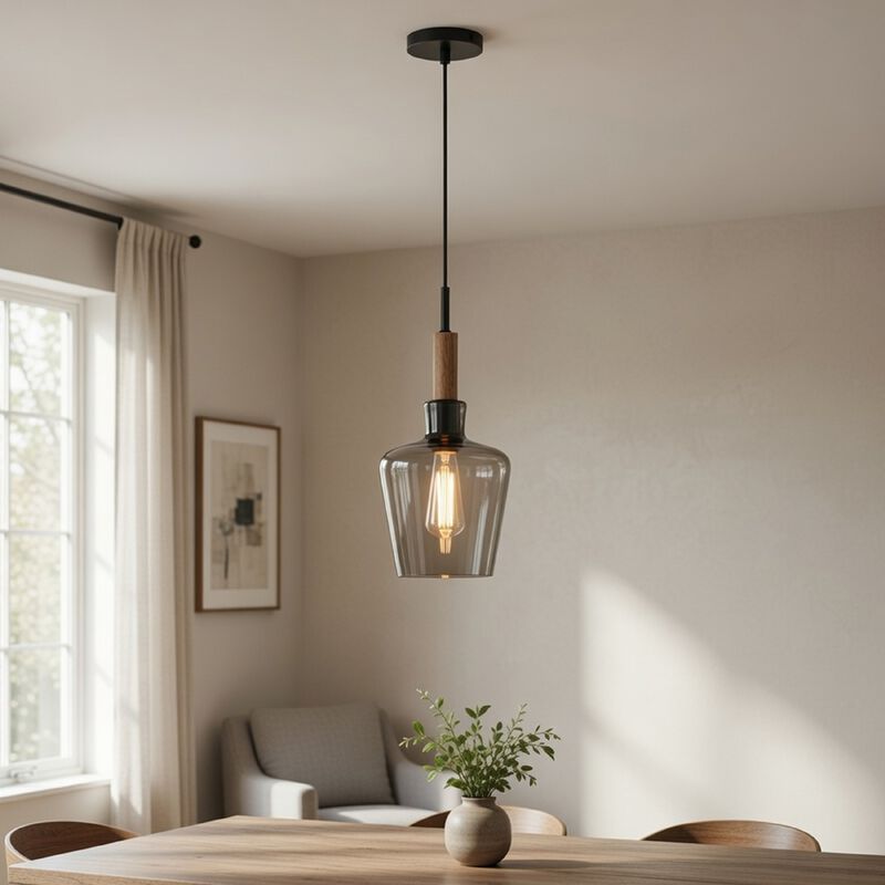 Pendant Light, Round Smoked Glass Shade, Brown Wood Accent, Black Metal image number 8