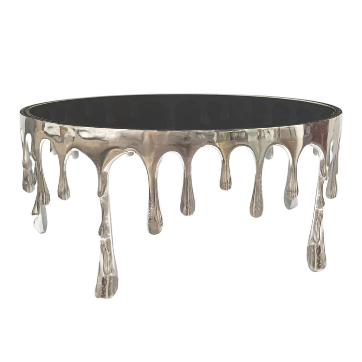 Capri Coffee Table | 36 Inch Round Glass Top | Melting Drip Design | Silver