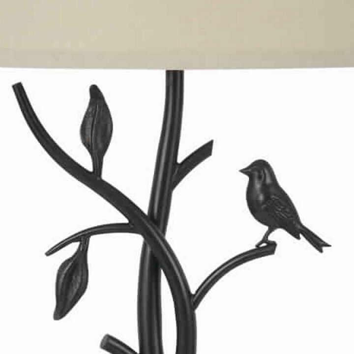 Metal Tree and Bird Body Table Lamp with Tapered Shade, Black and Beige-Benzara