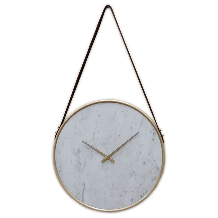 Decorative Contemporary Metal Wall Clock Marble Look Face, Gold Rim and Handles with Hanging Band, for Dining, Living Room, or Kitchen