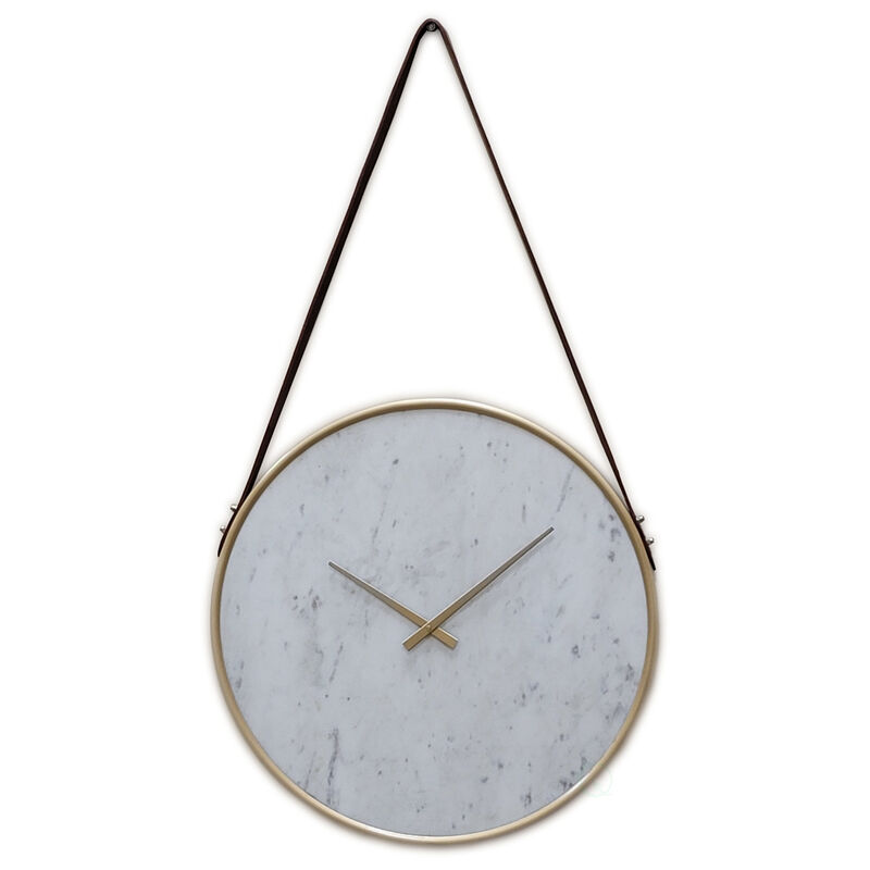 Decorative Contemporary Metal Wall Clock Marble Look Face, Gold Rim and Handles with Hanging Band, for Dining, Living Room, or Kitchen