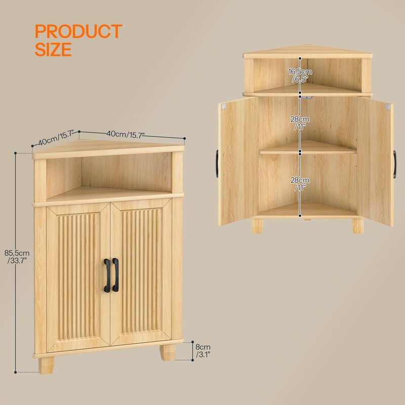 Wooden Fluted Corner Storage Cabinet with Door, Compact Space Saving Design-Beige image number 2