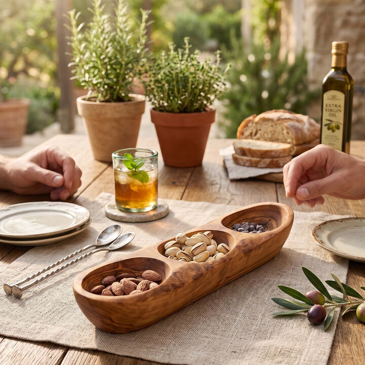 Olive Wood 3-Compartment Serving Tray&ndash;Elongated Centerpiece Dish for Snacks, Olives & Dips