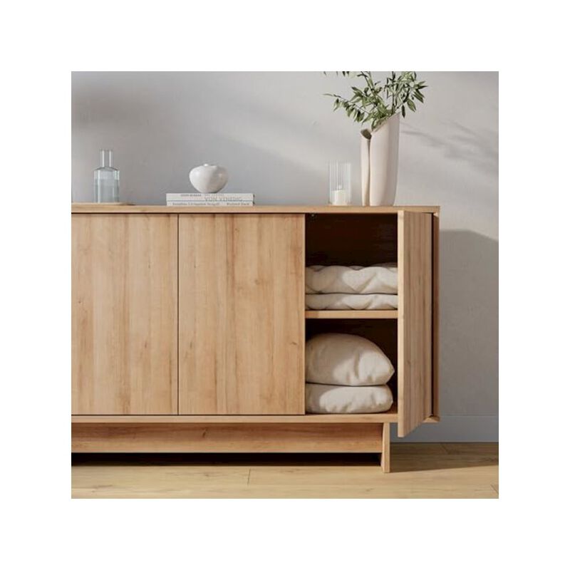 Prepac Finnley Sideboard Cabinet Buffet Natural Oak Engineered Wood with Storage